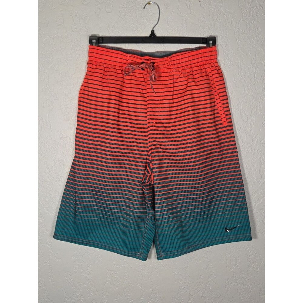 Nike Men's Size Medium Green Orange Ombre Striped Mesh Lined Board Shorts